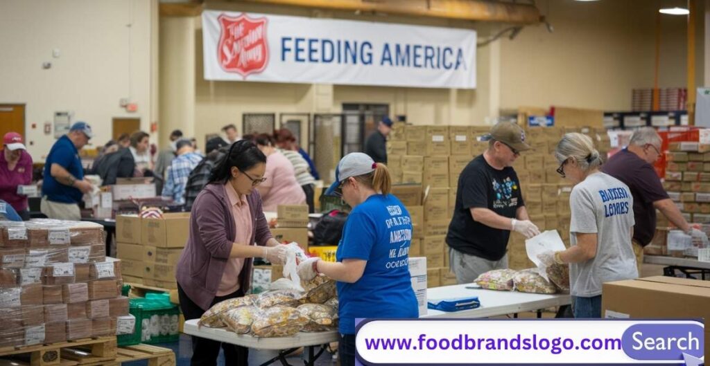 Volunteers distributing food at a Feeding America food bank to support low-income families and fight hunger in the U.S.