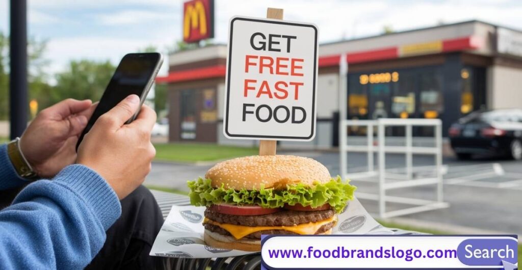 Hungry person receiving free fast food at a restaurant using a mobile app and discount deal