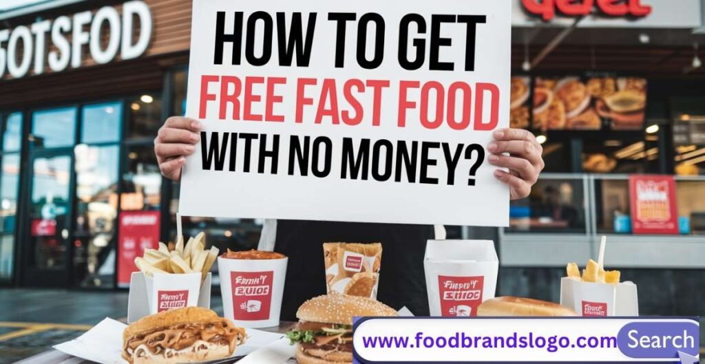 Hungry person holding free fast food with no money outside a restaurant using food app deals