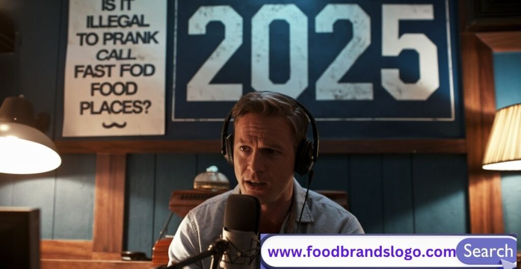 Person making a prank call to a fast food restaurant with legal warning symbols in background