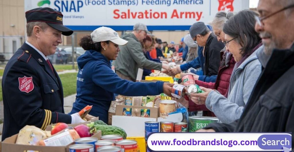 Salvation Army volunteers distributing free food to homeless and low-income families at a community shelter