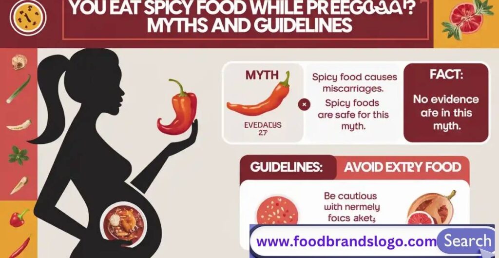 Illustration showing pregnant woman enjoying a spicy meal with thought bubbles of baby and digestive system, highlighting the science of spicy food safety during pregnancy