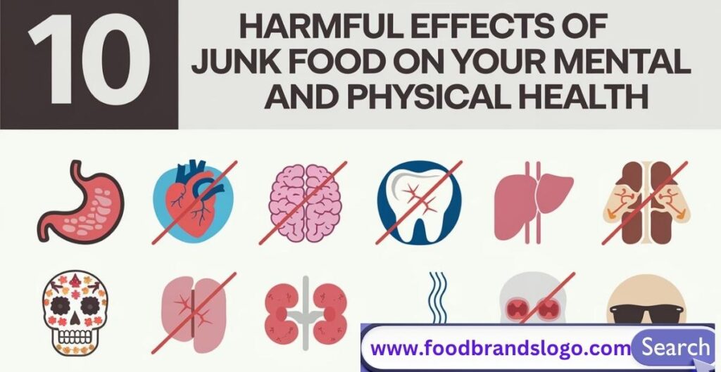 Unhealthy junk food items like burgers, fries, and soda surrounded by warning signs highlighting negative effects on mental and physical health