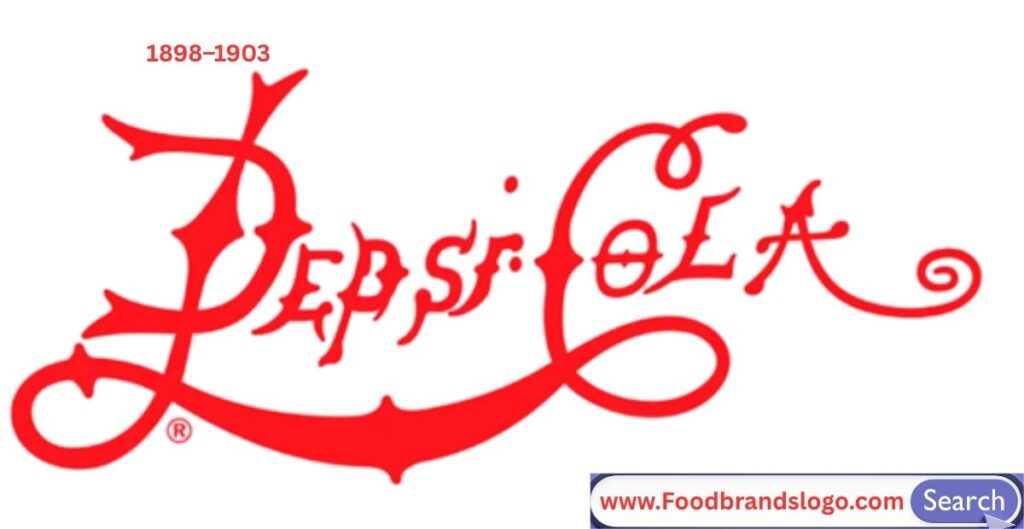 Vintage Pepsi logo from 1898 to 1903 featuring ornate red cursive script and early branding elements of Pepsi-Cola.