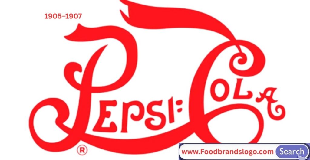 Vintage Pepsi logo 1905–1907 – early Pepsi-Cola script branding in classic red lettering on white background