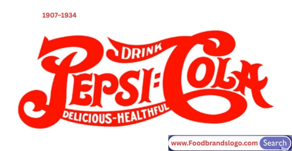 Vintage 1907–1934 Pepsi-Cola logo in ornate red script on white background with classic branding style