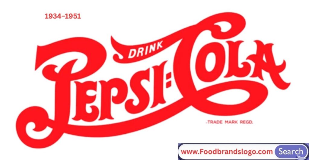 Vintage Pepsi logo from 1934 to 1951 featuring the classic red, white, and blue bottle cap design with cursive Pepsi-Cola script

