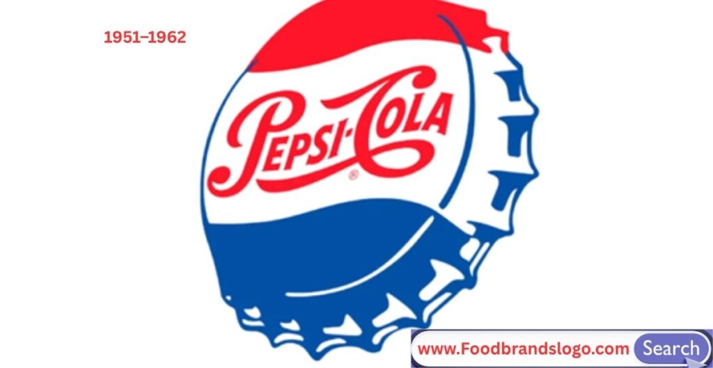 Vintage 1951–1962 Pepsi logo with red, white, and blue bottle cap design and classic Pepsi-Cola script in patriotic colors