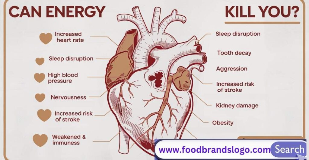 A can of energy drink tipped over with skull warning symbol, representing health risks like heart issues, caffeine overdose, and anxiety.