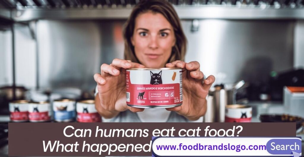 Curious person looking at a can of cat food on a kitchen counter, symbolizing the question can humans eat cat food safely