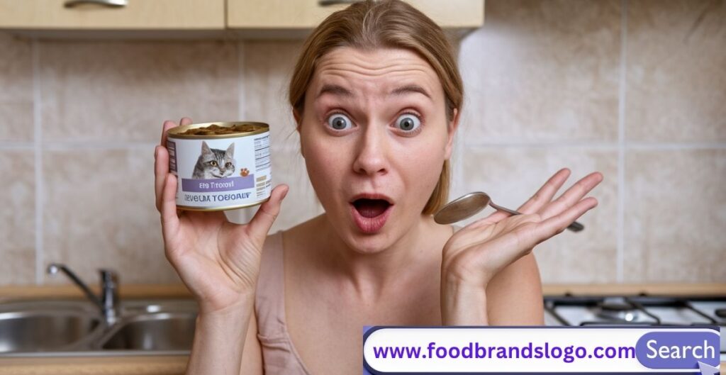 Human hand holding a spoonful of cat food with a skeptical facial expression, questioning if cat food is safe for humans to eat