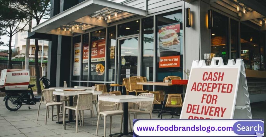 Customer paying cash to a fast-food delivery driver at the door, symbolizing restaurants that accept cash for food delivery.