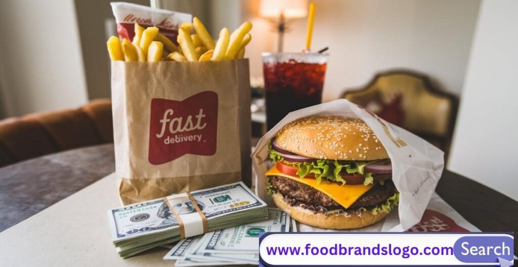 Illustration of a food delivery driver handing cash to a customer at the door, representing a cash-accepting delivery service for fast food.